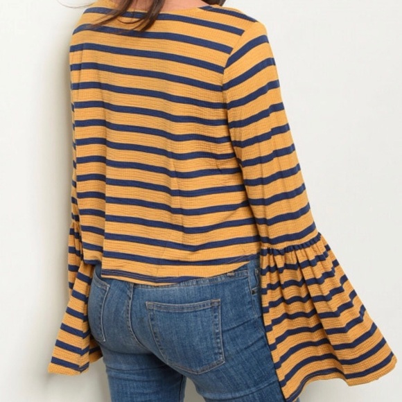 Loveriche mustard & navy strip bell sleeve top - Picture 2 of 8